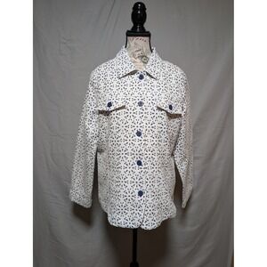 Joni B Women's Navy White Eyelet Button Jacket Floral Cutout Shacket‎ Size Large